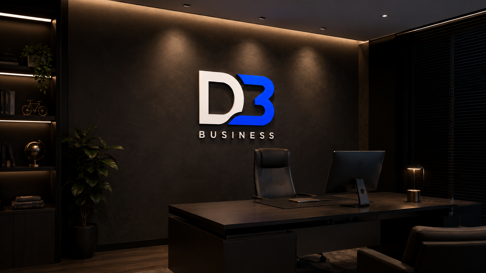 Escritório da D3 Business com o logo iluminado na parede